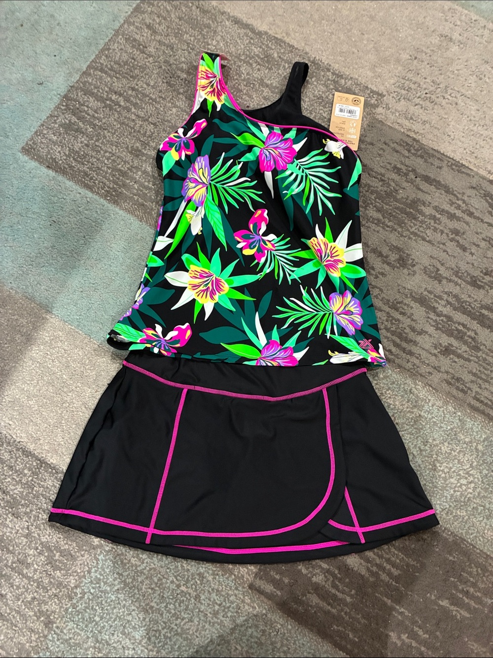 ZeroXposur Black Floral Tankini with Neon Pink Trim